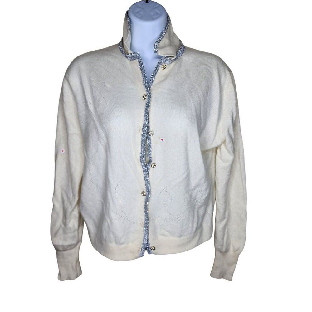 Vintage 50s Dalton Cashmere Cardigan Sweater Womens Size M Ivory Silver Pinup